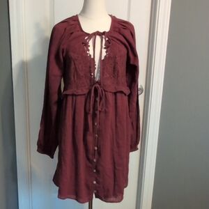 NWT Free People Burgundy Dress with Button & Lace Accents